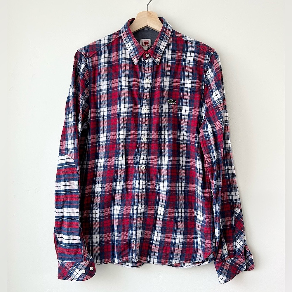 Lacoste Men’s Red and Blue Plaid Flannel Casual Button Down Shirt